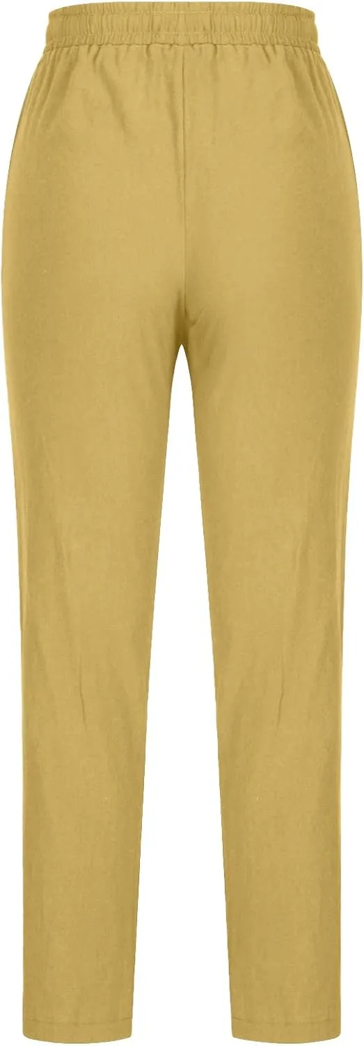 NATHGAM Womens Pants Casual Dressy Summer Cotton Linen Trousers High Waist Straight Leg Loose Drawstring Lounge Beach Pants