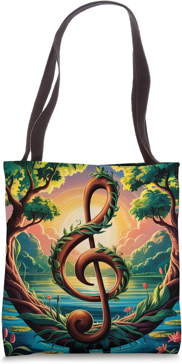 Nature Melody Symbol - Tree Clef and Sunset Landscape Design Tote Bag