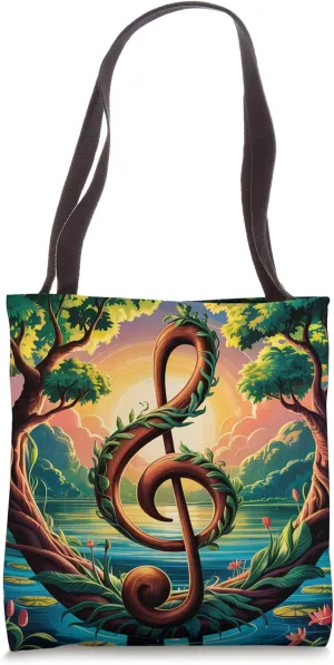 Nature Melody Symbol - Tree Clef and Sunset Landscape Design Tote Bag