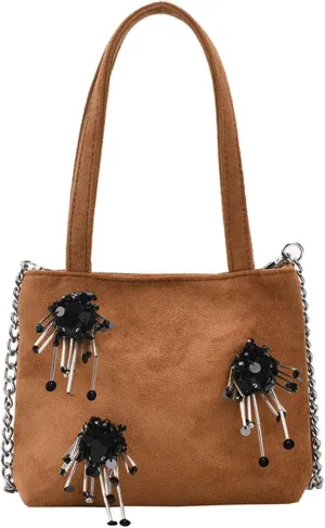 Niche Design Suede Portable Bucket Bag For Women, Handmade Beaded Three-Dimensional Tassel Shoulder Crossbody Bag