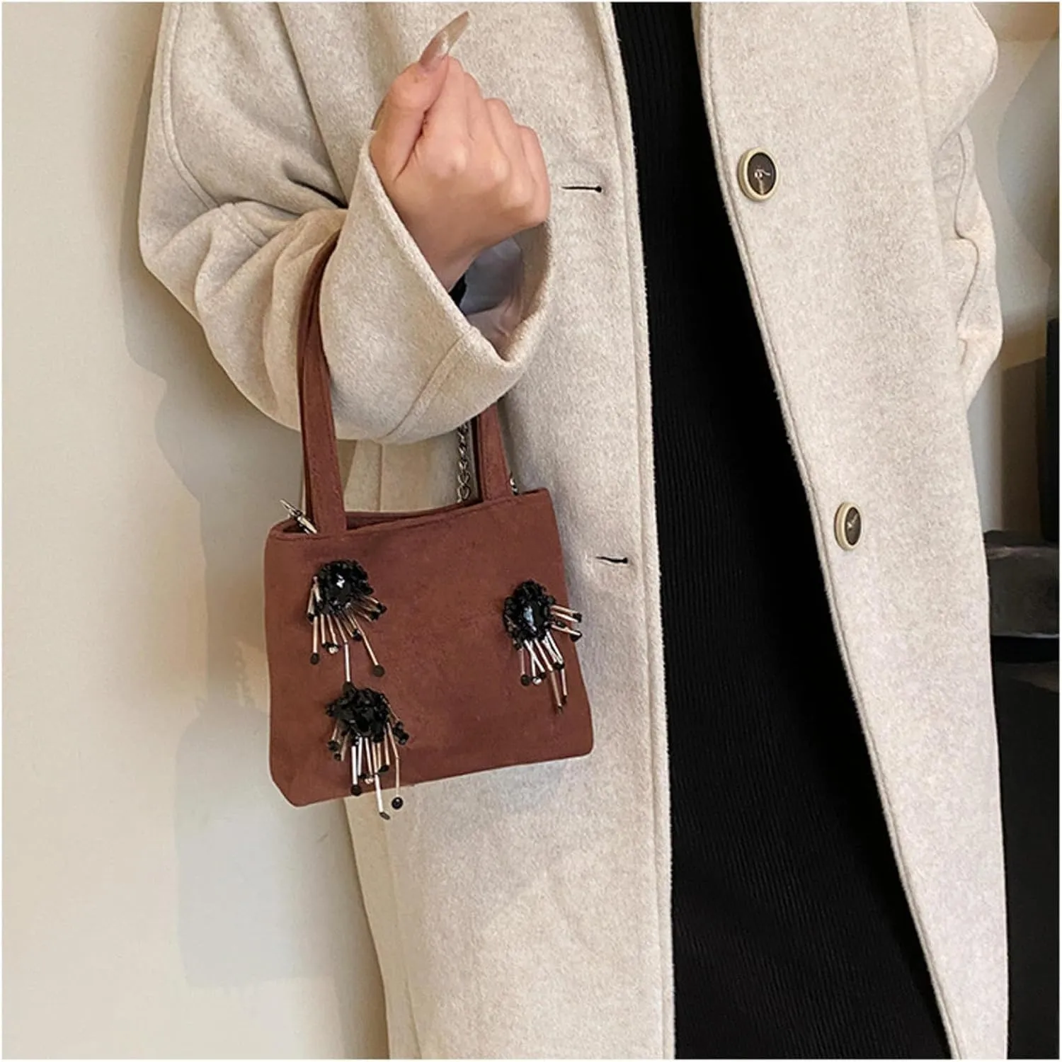 Niche Design Suede Portable Bucket Bag For Women, Handmade Beaded Three-Dimensional Tassel Shoulder Crossbody Bag