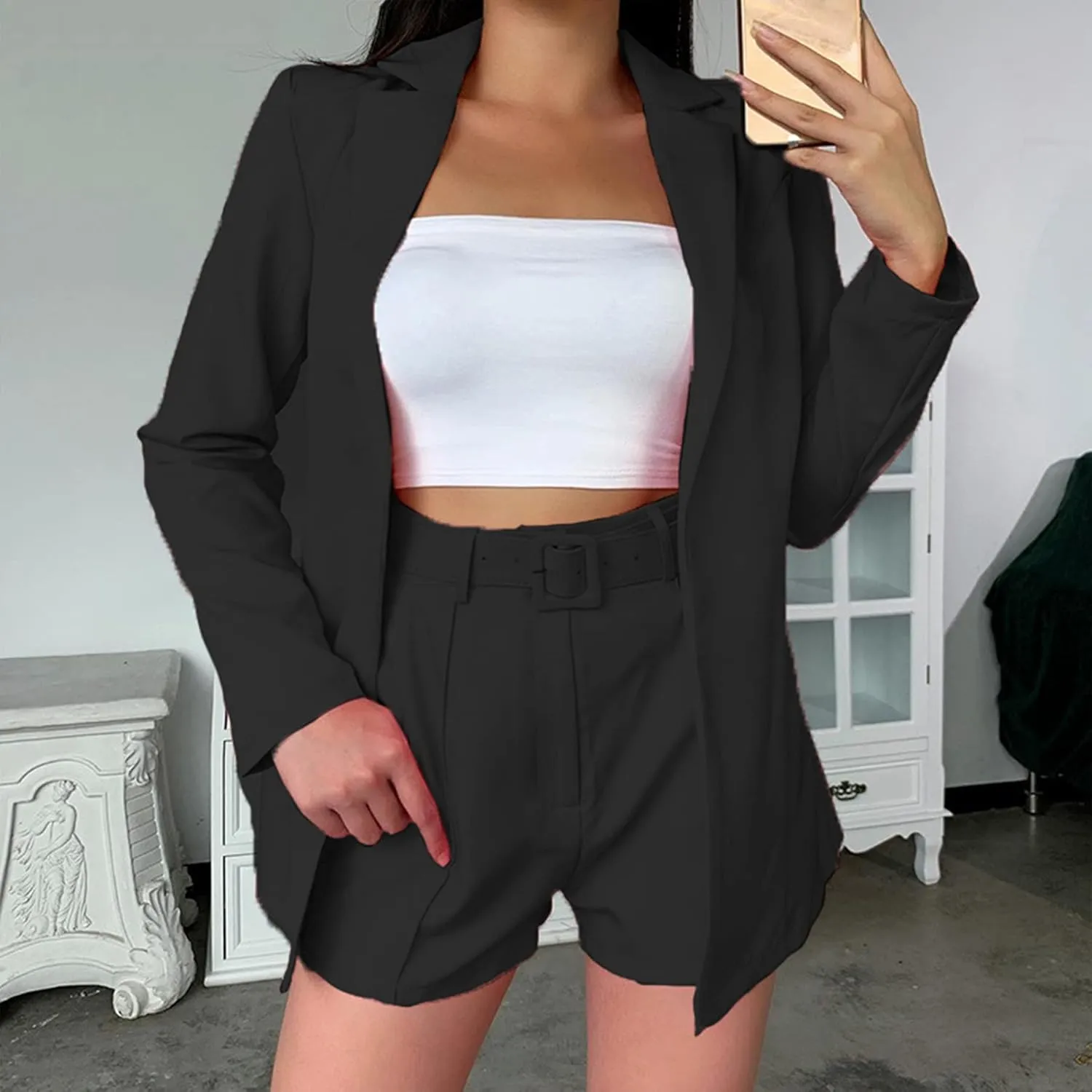 NRTHYE Women 2 Piece Outfits Long Sleeve Blazer & Short Suits Casual Tops & Bottoms Set