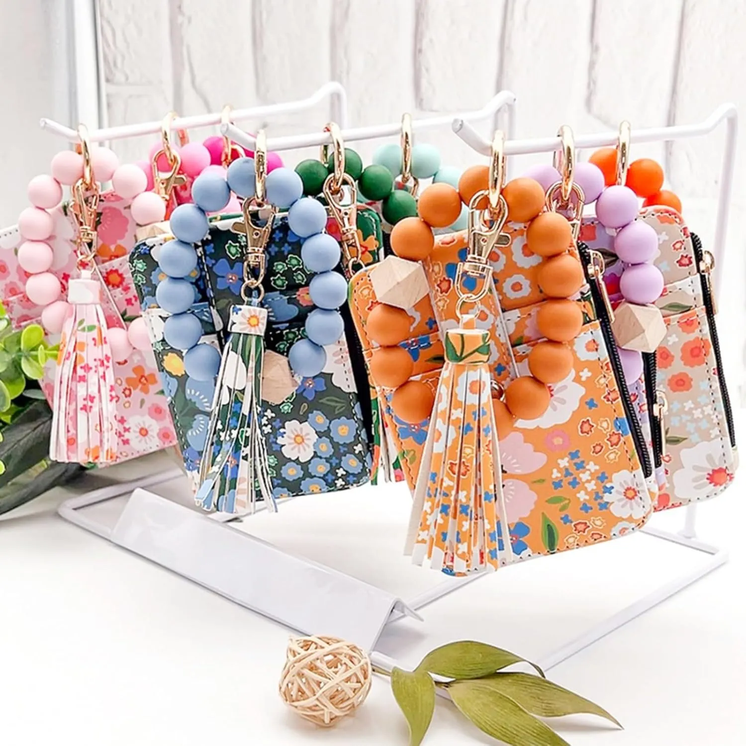 Obviouslye Women's Boho Beaded Wallet, Beaded Wallet for Women, Women Style Bead and Tassel Wristlet Keychain Wallets with Floral Fruit Pattern (A4)