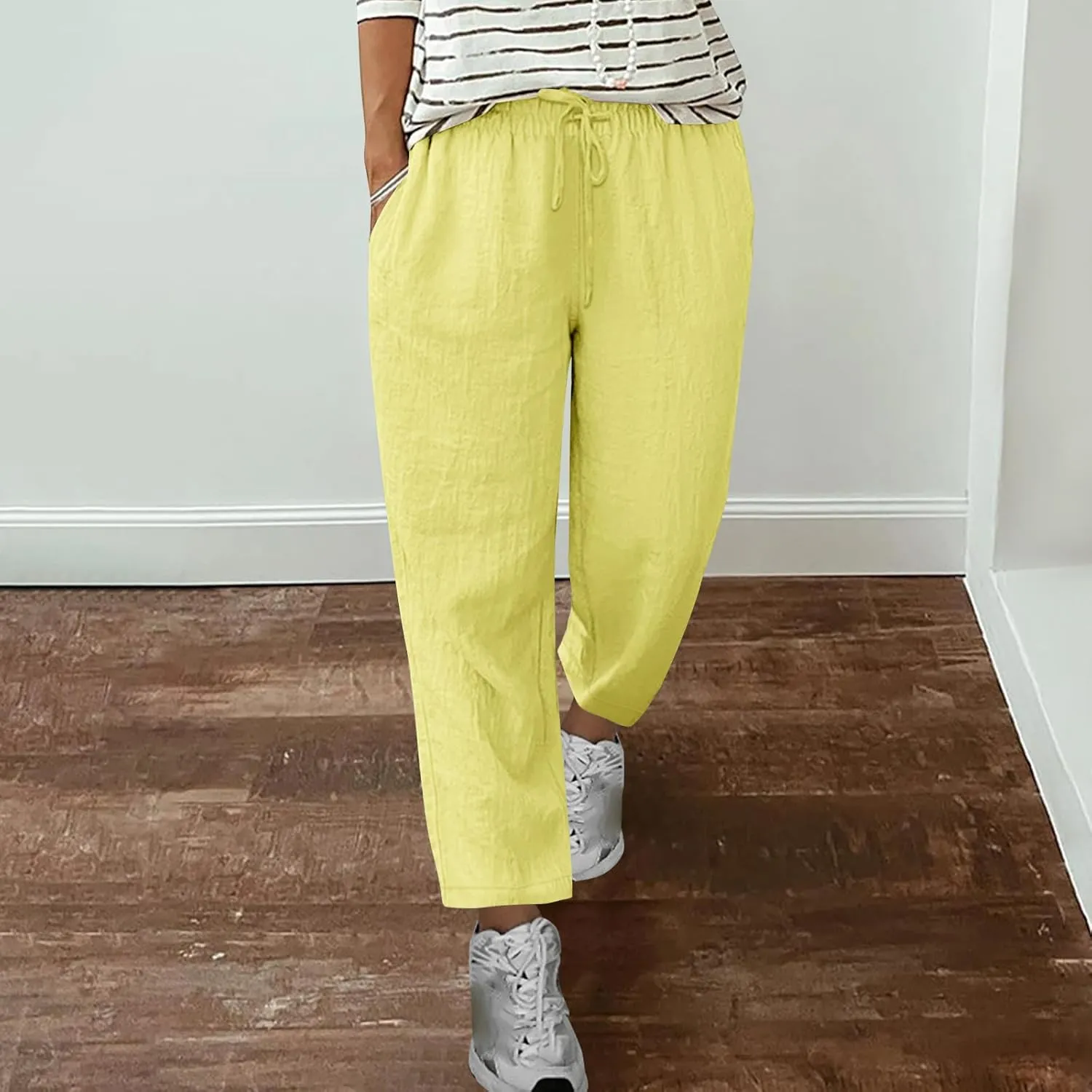 Oplxuo Cotton Linen Pants for Women Summer Elastic Waist Drawstring Straight Wide Leg Boho Beach Trousers with Pockets