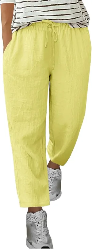 Oplxuo Cotton Linen Pants for Women Summer Elastic Waist Drawstring Straight Wide Leg Boho Beach Trousers with Pockets