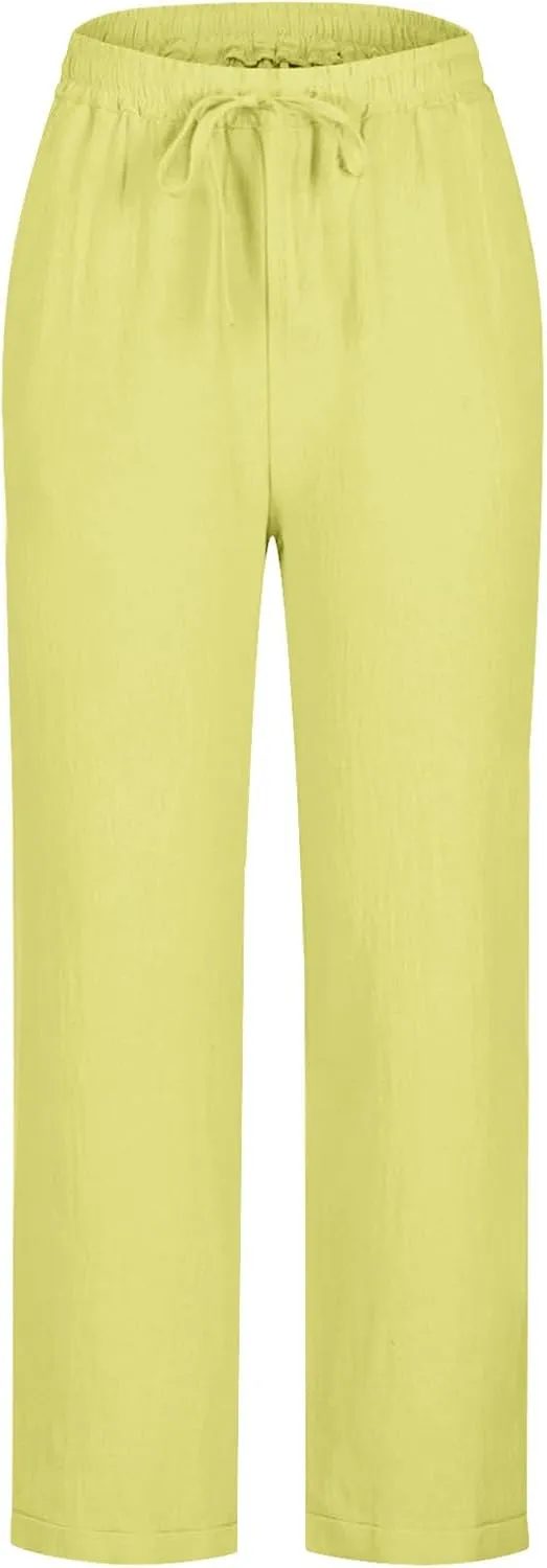 Oplxuo Cotton Linen Pants for Women Summer Elastic Waist Drawstring Straight Wide Leg Boho Beach Trousers with Pockets