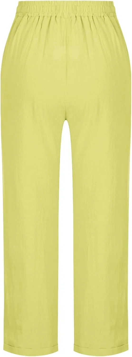 Oplxuo Cotton Linen Pants for Women Summer Elastic Waist Drawstring Straight Wide Leg Boho Beach Trousers with Pockets