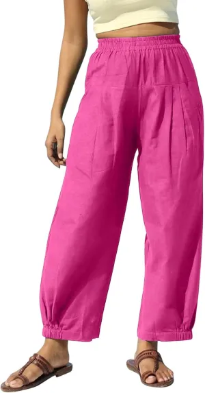 Oplxuo Cotton Linen Pants for Women Trendy Elastic Bottom Casual Comfy Baggy Harem Pants High Waist Summer Beach Trousers