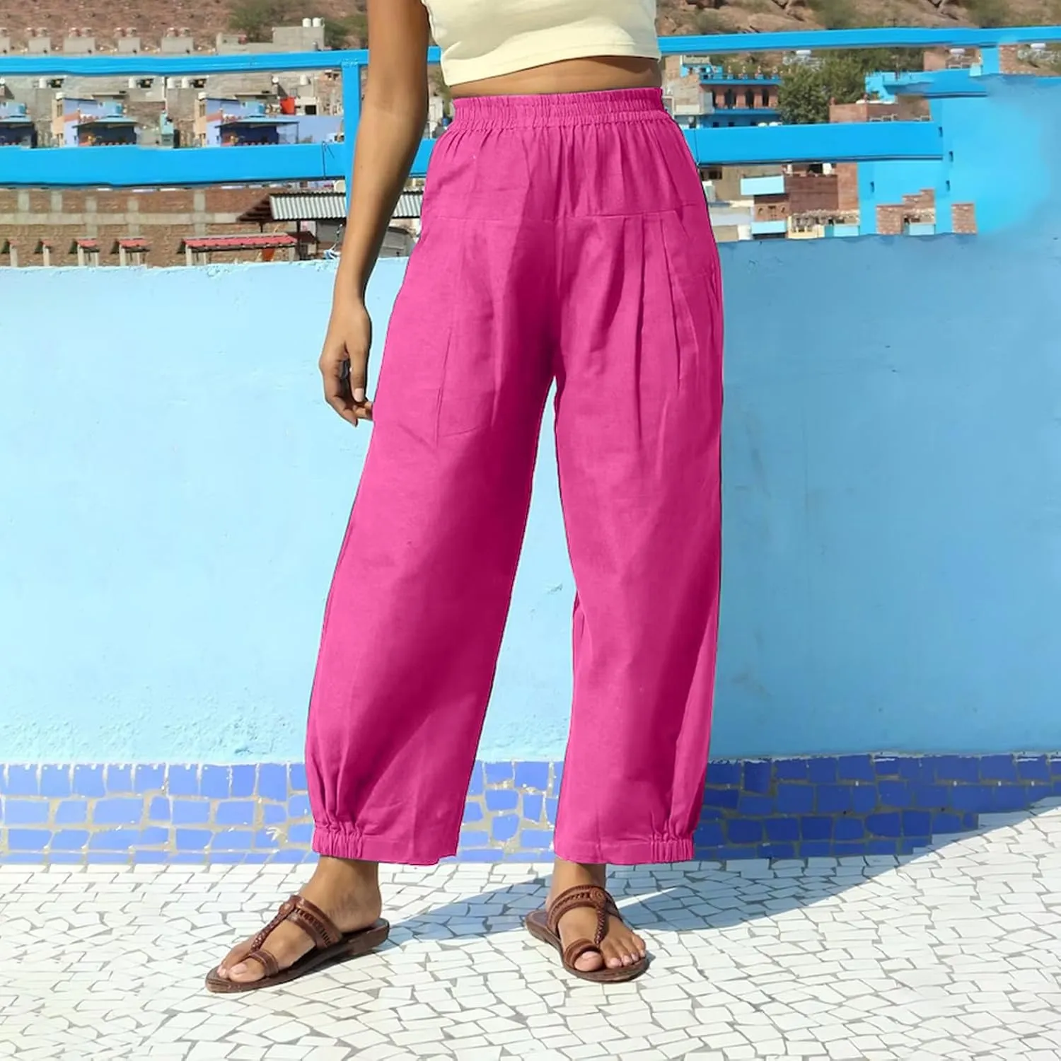 Oplxuo Cotton Linen Pants for Women Trendy Elastic Bottom Casual Comfy Baggy Harem Pants High Waist Summer Beach Trousers