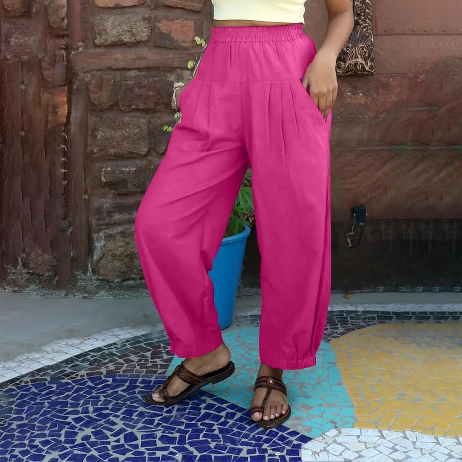 Oplxuo Cotton Linen Pants for Women Trendy Elastic Bottom Casual Comfy Baggy Harem Pants High Waist Summer Beach Trousers