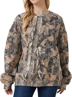 Oversized Camo Sweatshirt For Women Men Maple Leaf Camouflage Sweatshirts Hunting Camo Pullover Tops