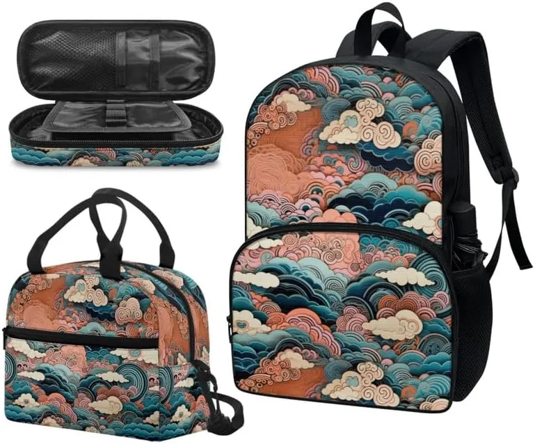 Painting-Lucky Cloud Preschool Backpack Kindergarten Elementary School Toddler Chinese Cloud Swirl Backpacks With Lunch Bag Pencil Case Set for Boys and Girls