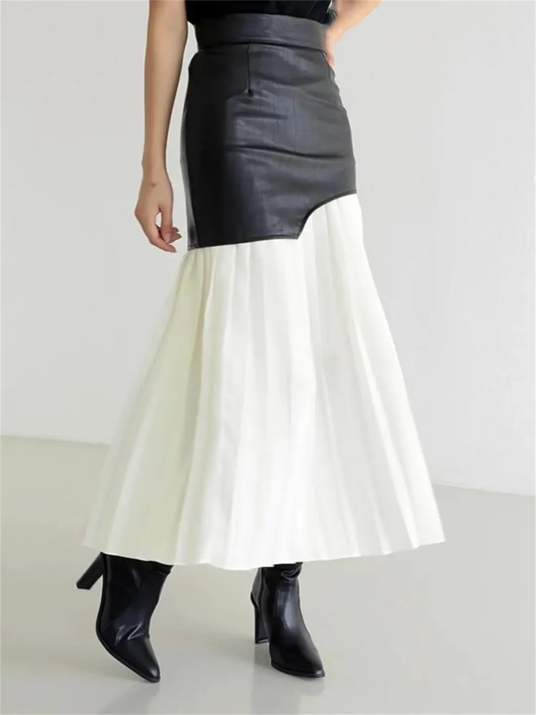 Patchwork Pu Leather Skirt for Women High Waist Midi Pleated Slim Office Skirts