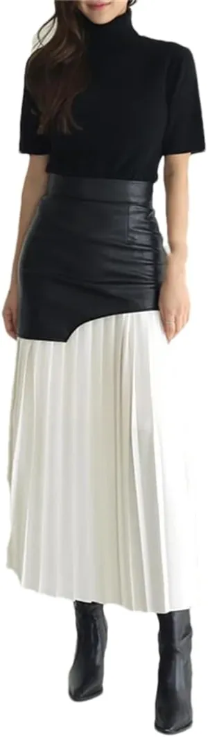 Patchwork Pu Leather Skirt for Women High Waist Midi Pleated Slim Office Skirts