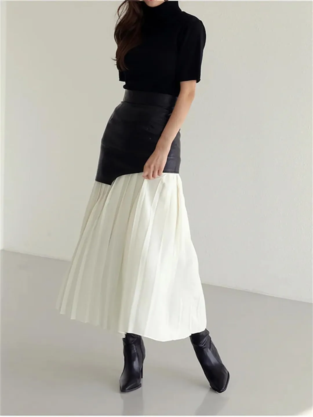 Patchwork Pu Leather Skirt for Women High Waist Midi Pleated Slim Office Skirts