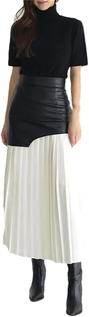 Patchwork Pu Leather Skirt for Women High Waist Midi Pleated Slim Office Skirts