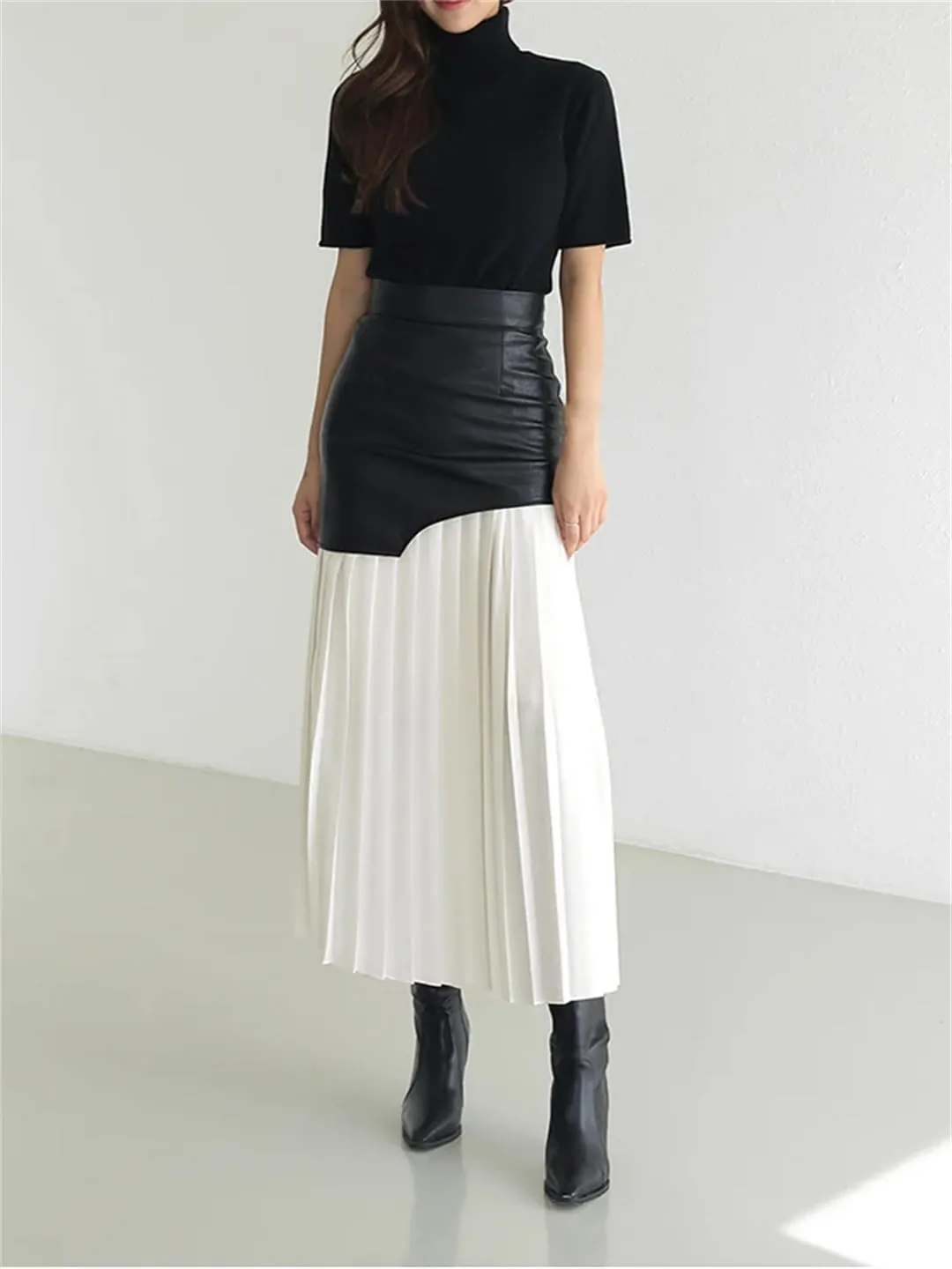 Patchwork Pu Leather Skirt for Women High Waist Midi Pleated Slim Office Skirts