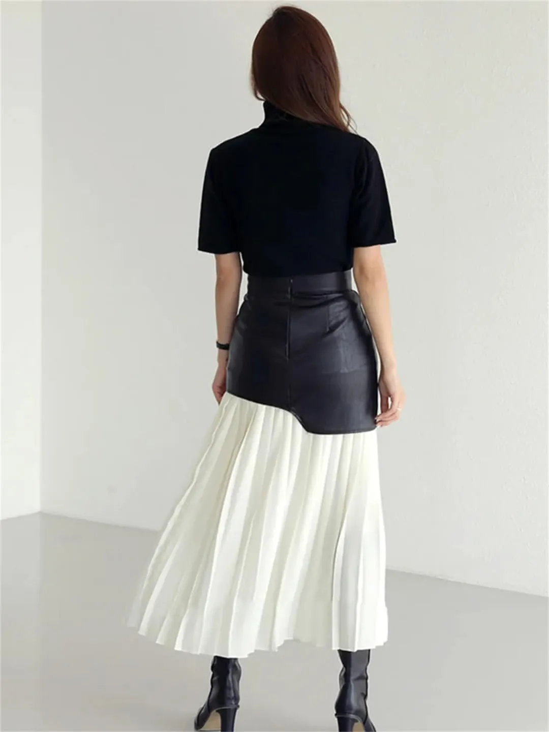 Patchwork Pu Leather Skirt for Women High Waist Midi Pleated Slim Office Skirts