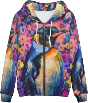 PinUp Angel Full Zip Up Hoodie Women Goth Sweatshirt Long Sleeve Art Animal Oil Painting Graphic Jacket Streetwear