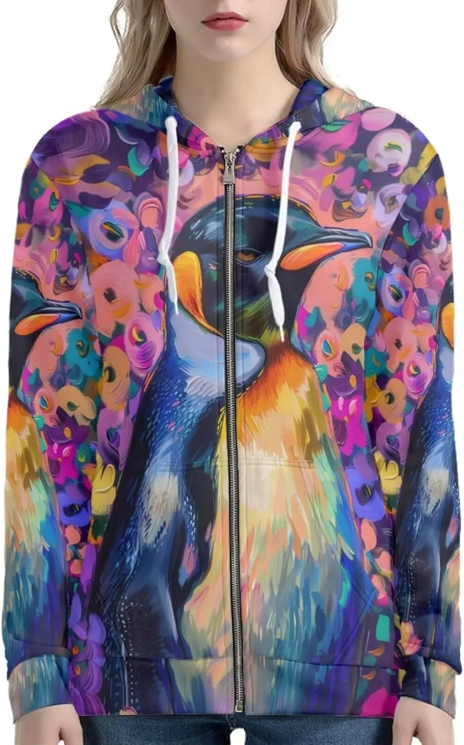 PinUp Angel Full Zip Up Hoodie Women Goth Sweatshirt Long Sleeve Art Animal Oil Painting Graphic Jacket Streetwear