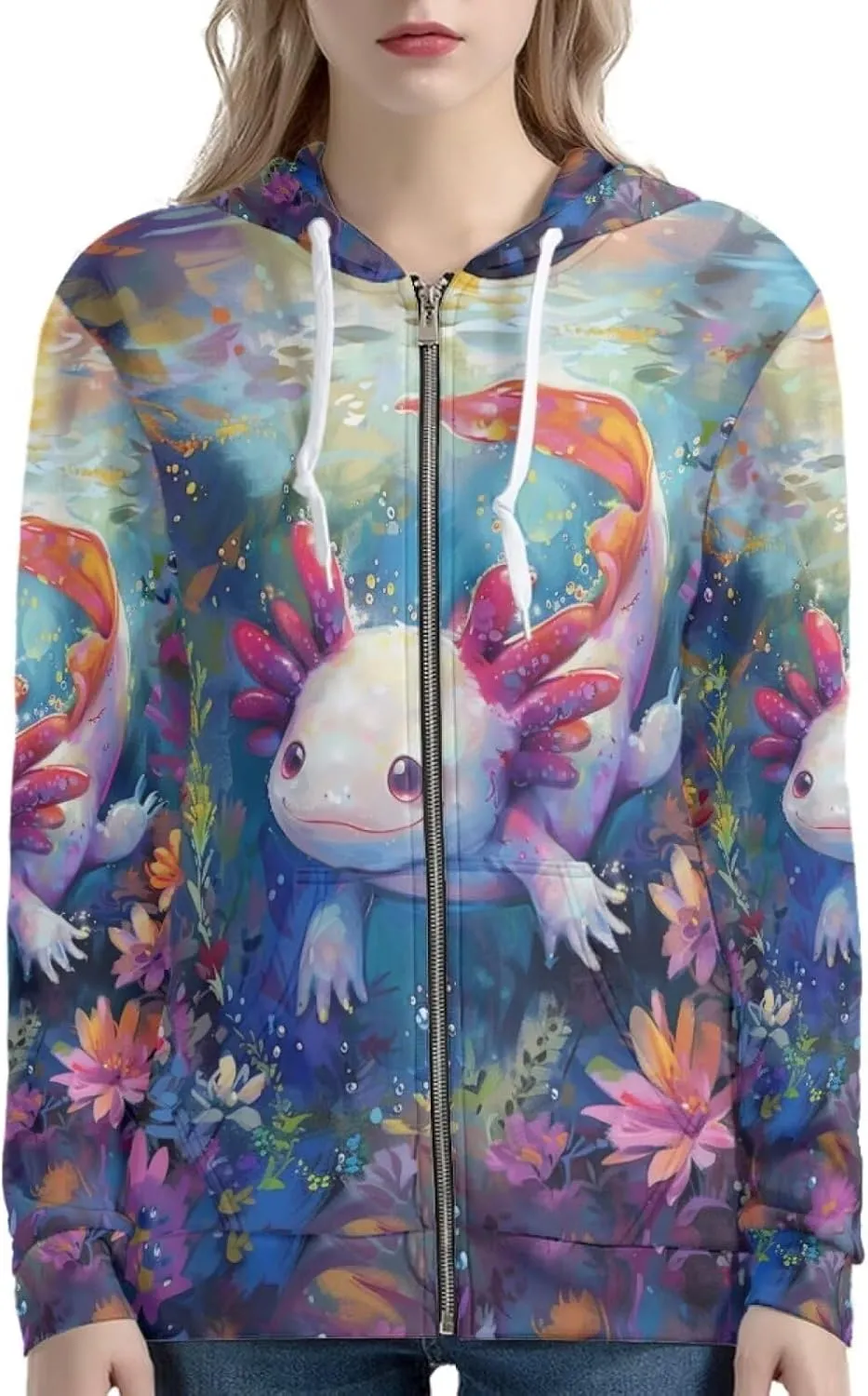 PinUp Angel Full Zip Up Hoodie Women Goth Sweatshirt Long Sleeve Art Animal Oil Painting Graphic Jacket Streetwear