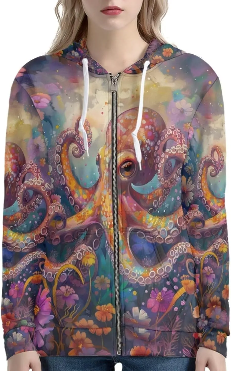 PinUp Angel Full Zip Up Hoodie Women Goth Sweatshirt Long Sleeve Art Animal Oil Painting Graphic Jacket Streetwear