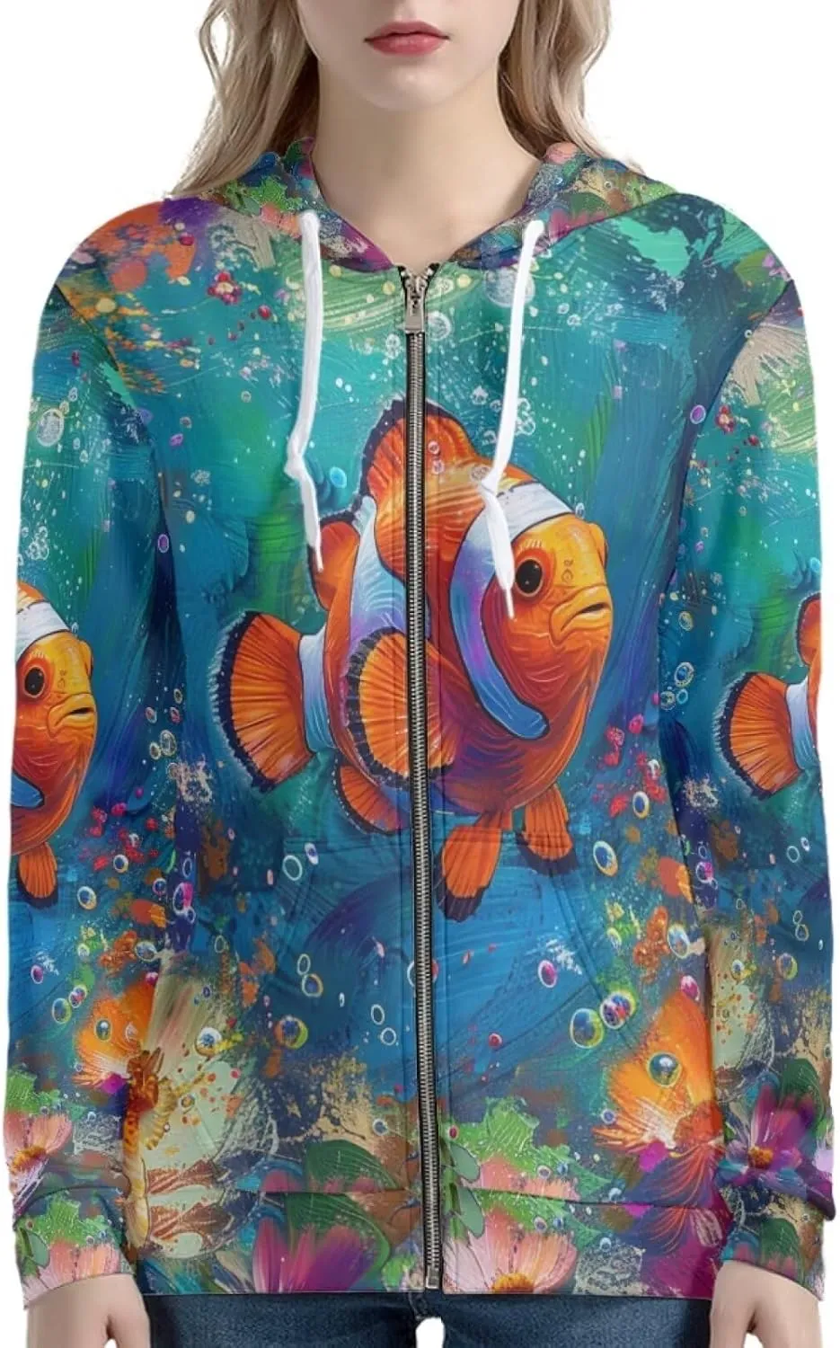 PinUp Angel Full Zip Up Hoodie Women Goth Sweatshirt Long Sleeve Art Animal Oil Painting Graphic Jacket Streetwear