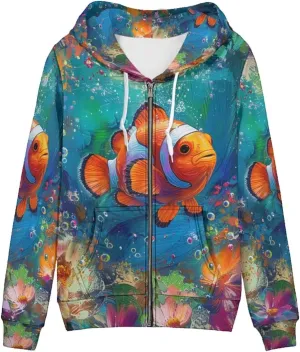 PinUp Angel Full Zip Up Hoodie Women Goth Sweatshirt Long Sleeve Art Animal Oil Painting Graphic Jacket Streetwear