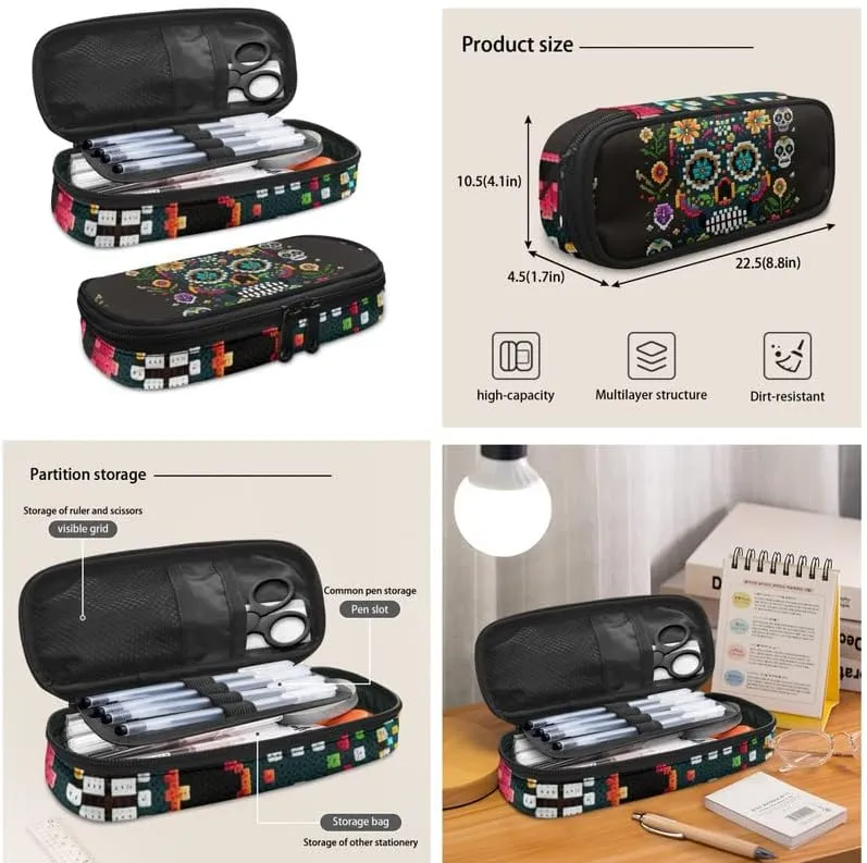 Pixel Floral Skull Schoolbag 3 Piece Set Schoolbag/Crossbody Lunch Bag/Pencil Bag Horrible Halloween Skull Students School Bag Packs Satchel for Schoolbag Kids