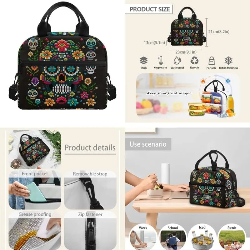 Pixel Floral Skull Schoolbag 3 Piece Set Schoolbag/Crossbody Lunch Bag/Pencil Bag Horrible Halloween Skull Students School Bag Packs Satchel for Schoolbag Kids
