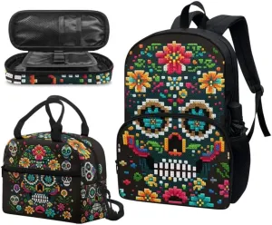 Pixel Floral Skull Schoolbag 3 Piece Set Schoolbag/Crossbody Lunch Bag/Pencil Bag Horrible Halloween Skull Students School Bag Packs Satchel for Schoolbag Kids