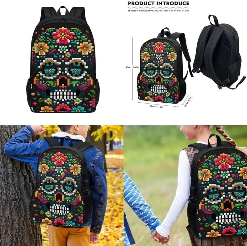 Pixel Floral Skull Schoolbag 3 Piece Set Schoolbag/Crossbody Lunch Bag/Pencil Bag Horrible Halloween Skull Students School Bag Packs Satchel for Schoolbag Kids