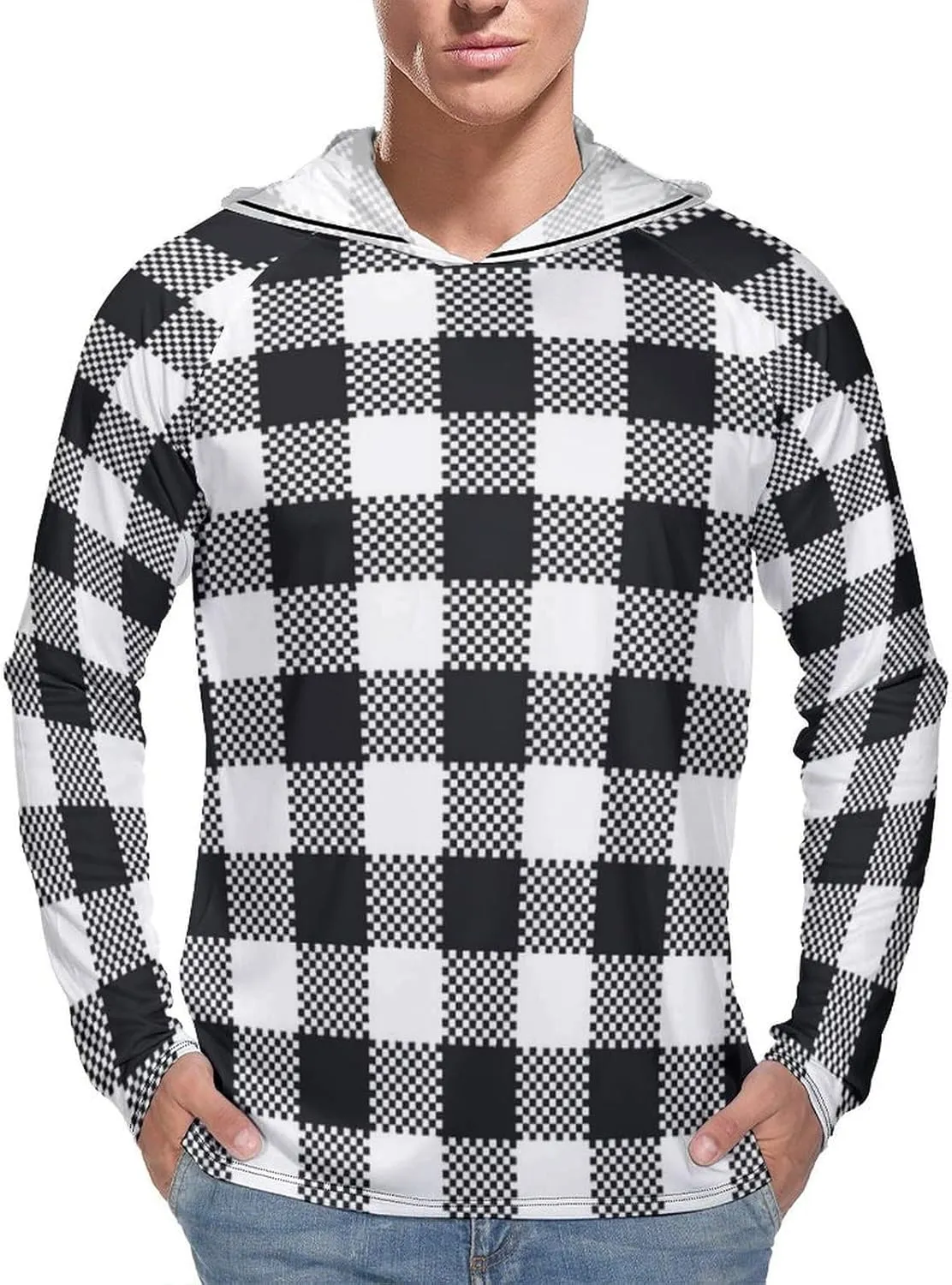Plaid Black and White Men's Quick Dry Long Sleeve Shirts UV Sun Protection Moisture Wicking T-Shirt 2XL