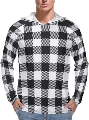 Plaid Black and White Men's Quick Dry Long Sleeve Shirts UV Sun Protection Moisture Wicking T-Shirt 2XL