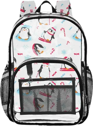 Playful Penguins Winter Ski White Clear Backpack for Women Kids Backpack Boys Girls Pvc School Plastic Bookbag