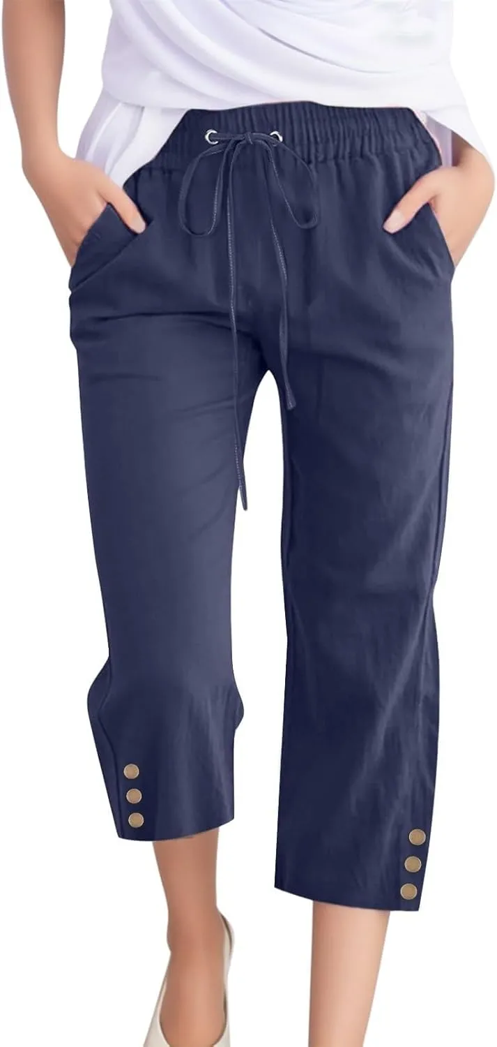 Plus Size Capri Pants for Women Casual 2025 Summer Cotton Linen Pants Drawstring High Waisted Capris with Pockets