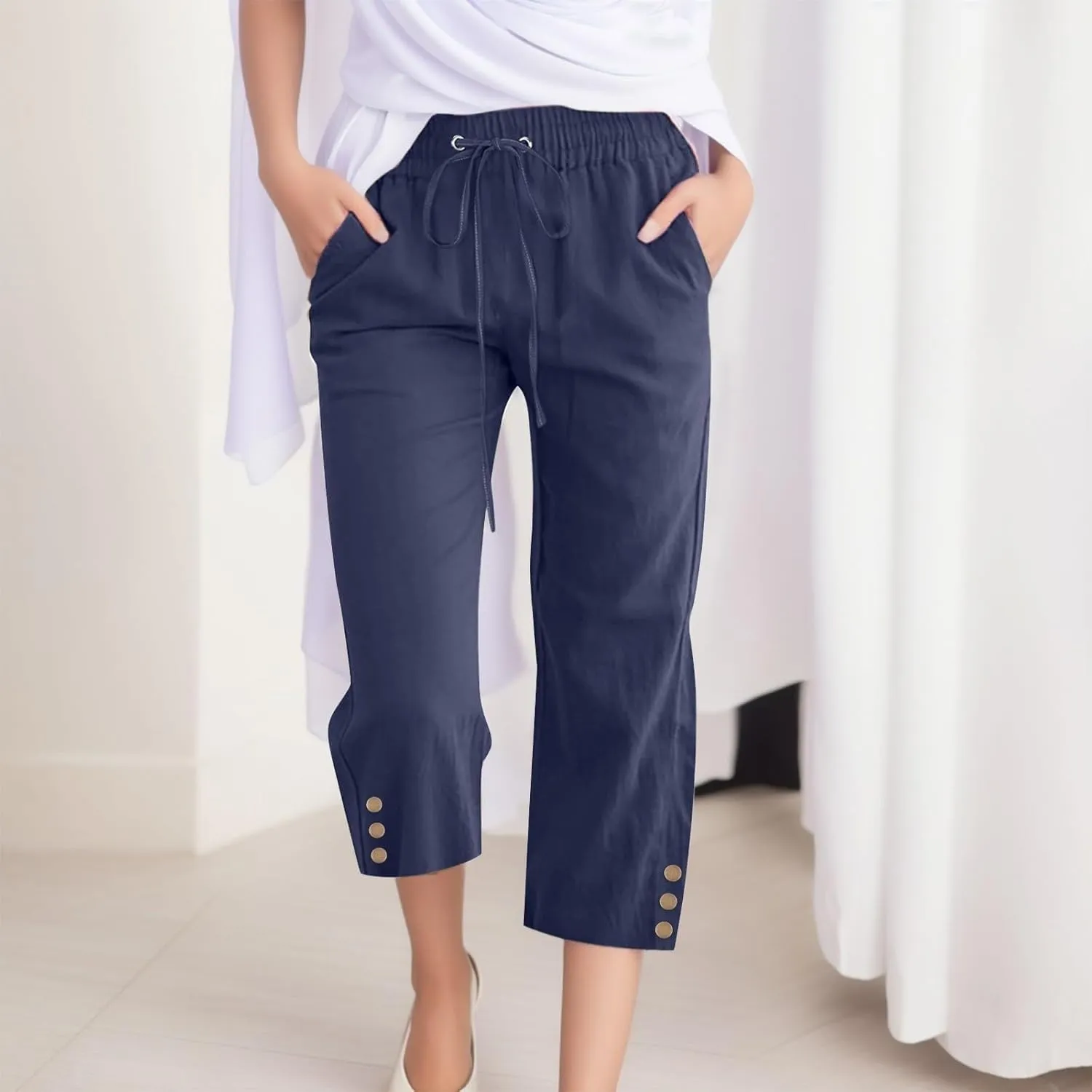 Plus Size Capri Pants for Women Casual 2025 Summer Cotton Linen Pants Drawstring High Waisted Capris with Pockets