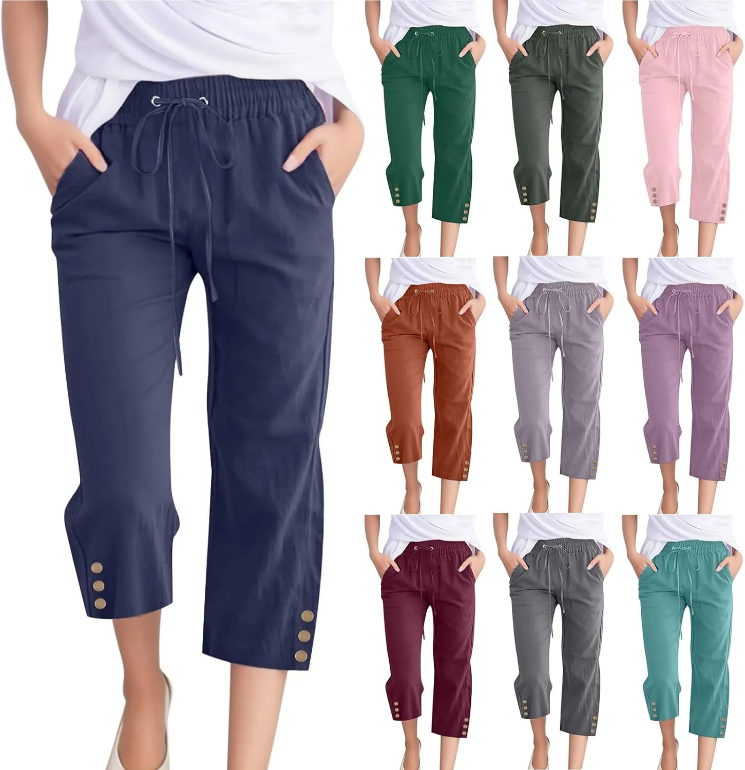 Plus Size Capri Pants for Women Casual 2025 Summer Cotton Linen Pants Drawstring High Waisted Capris with Pockets