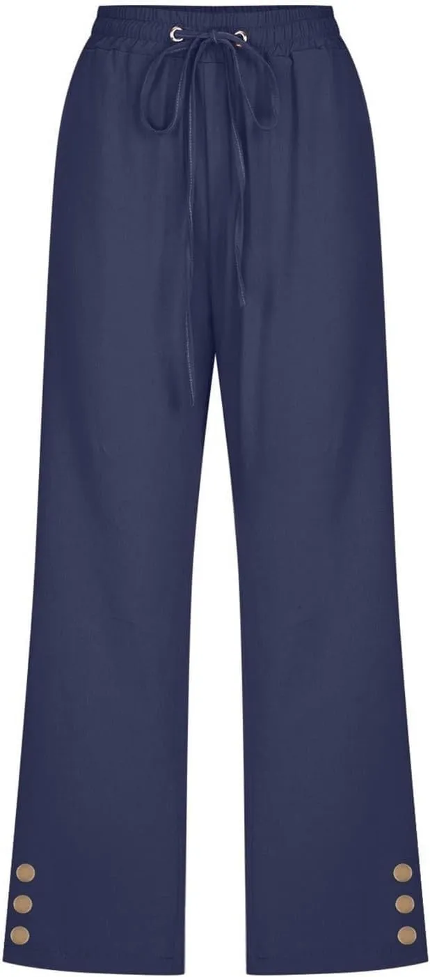 Plus Size Capri Pants for Women Casual 2025 Summer Cotton Linen Pants Drawstring High Waisted Capris with Pockets