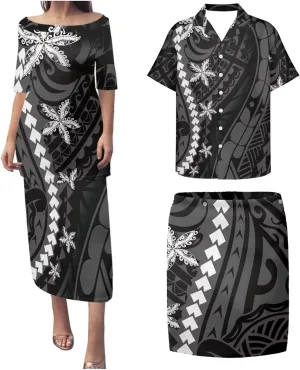 Plus Size Couple Outfit Sets Polynesian Tapa Puletasi Samoan Women Dress and Men Shirts Lavalava Couple Sets