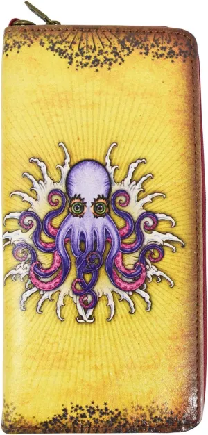 Purple Octopus Tattoo Art Zip Around Wristlet Wallet w/Gift Box