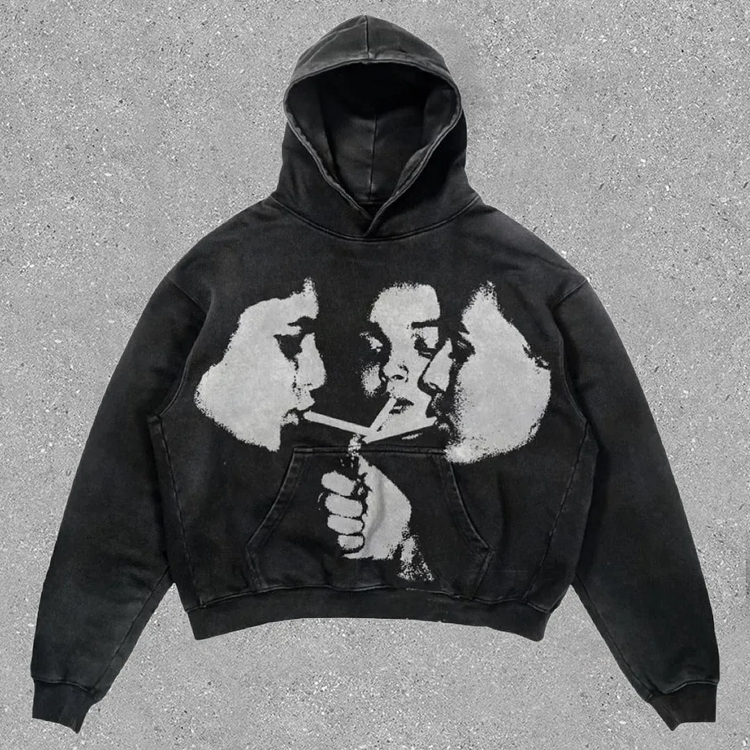 Relaxed Vintage Graphic Casual Street Washed Hoodie