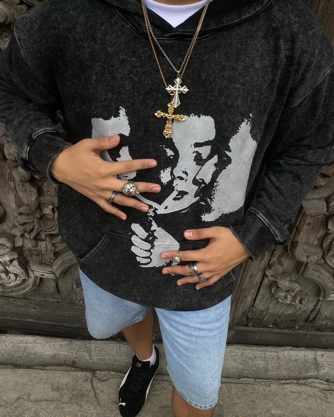 Relaxed Vintage Graphic Casual Street Washed Hoodie