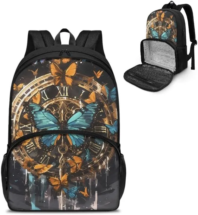 Retro Butterfly Clock Print Carry On Backpack Vintage Morpho Butterflies Painting Travel Work Laptop Bag Lunch Backpack 17 Inch Person Item Bookbag
