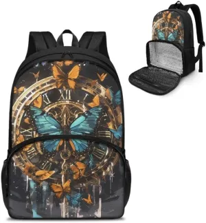 Retro Butterfly Clock Print Carry On Backpack Vintage Morpho Butterflies Painting Travel Work Laptop Bag Lunch Backpack 17 Inch Person Item Bookbag