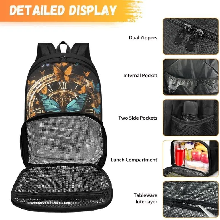Retro Butterfly Clock Print Carry On Backpack Vintage Morpho Butterflies Painting Travel Work Laptop Bag Lunch Backpack 17 Inch Person Item Bookbag