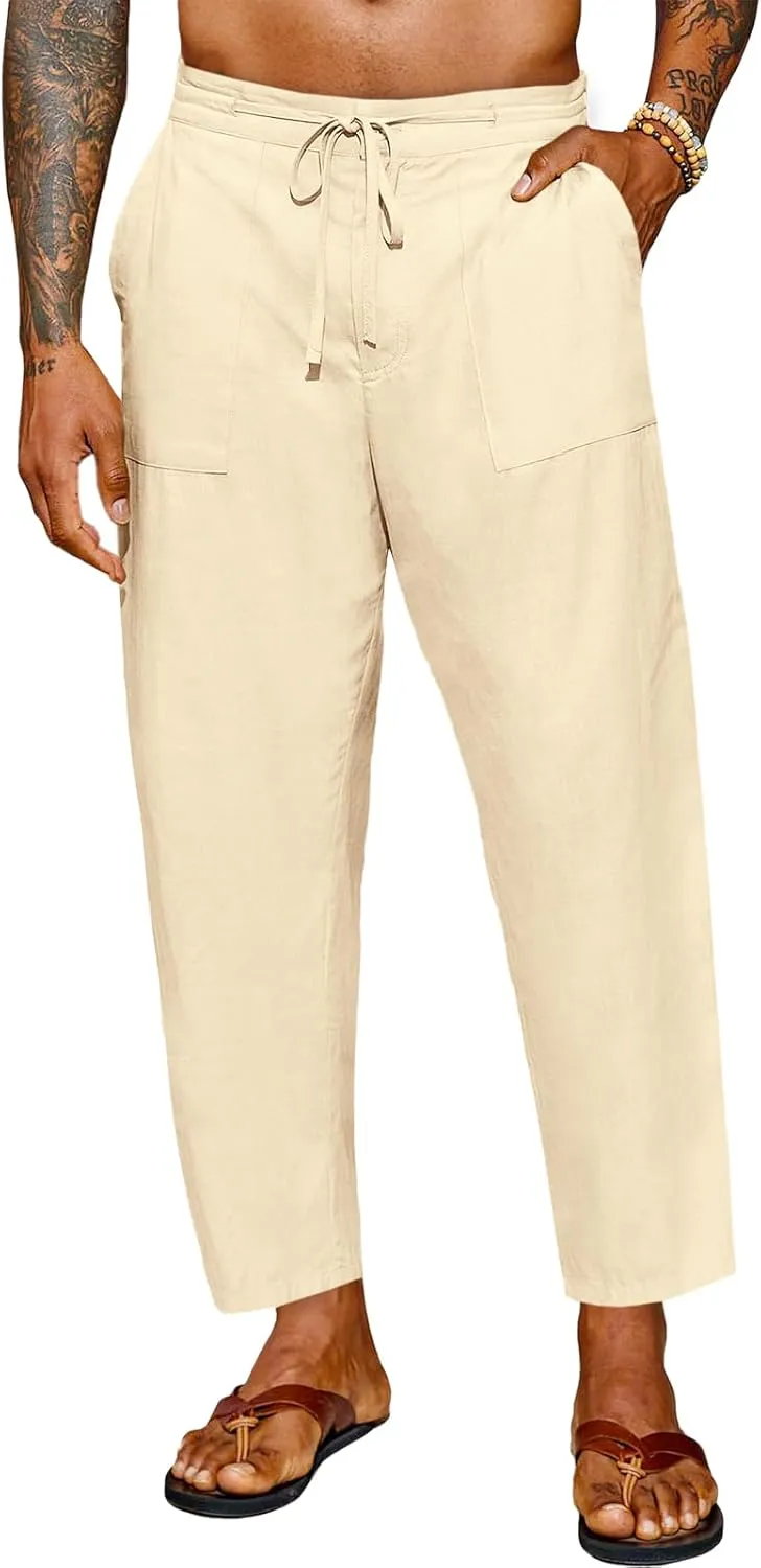 Runcati Mens Cotton Casual Pants Elastic Waist Drawstring Lightweight Cropped Pants Summer Beach Yoga Trousers