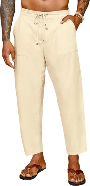 Runcati Mens Cotton Casual Pants Elastic Waist Drawstring Lightweight Cropped Pants Summer Beach Yoga Trousers