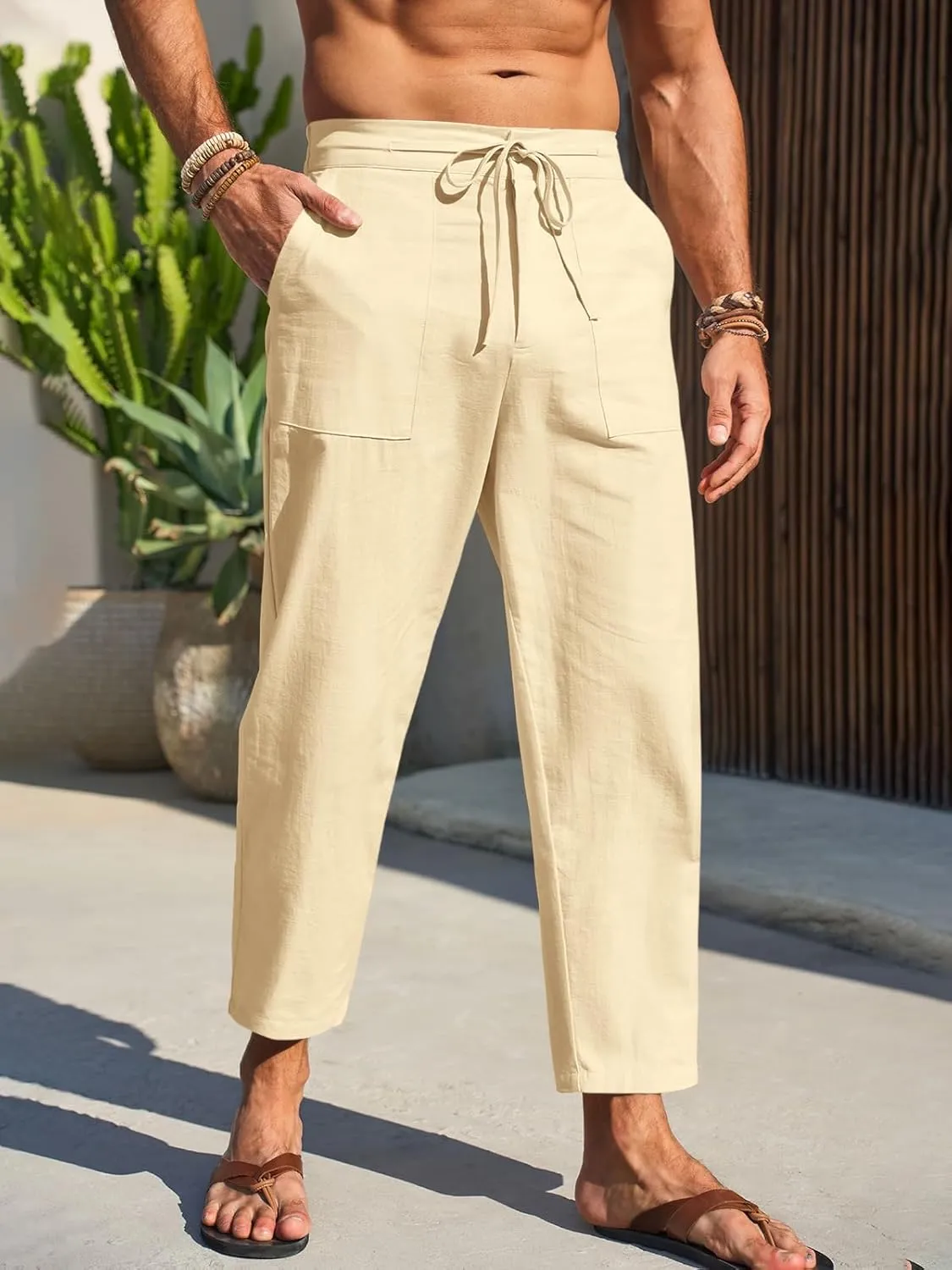 Runcati Mens Cotton Casual Pants Elastic Waist Drawstring Lightweight Cropped Pants Summer Beach Yoga Trousers