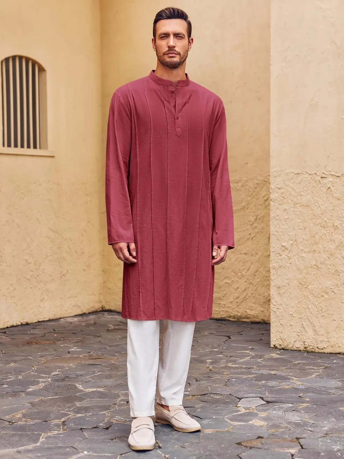 Runcati Mens Kaftan Thobe Button Down Henley Shirts Robe Long Sleeve Casual Cotton Pleated Muslim Gown Shirt